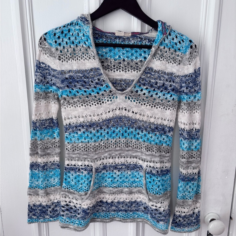 Roxy Women’s Blue Open Knit Hooded Long Sleeve Cover Up Beach Sweater Small